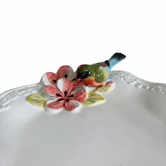 Corner Ruby Botanical Collection 3D Floral Bird Ceramic Catchall Dish 9in New