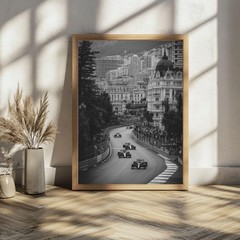 F1 Monaco Grand Prix Poster, Black and White Formula 1 Racing Wall Art Decor