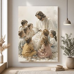 Jesus With Children Canvas Art Watercolor Style Christian Religious Decor Gift