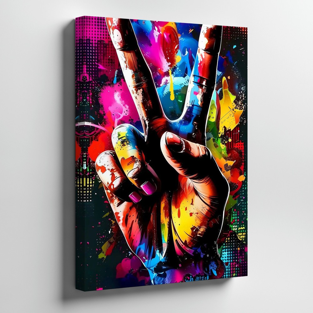 Colorful Peace Sign Hand Canvas Wall Art Modern Abstract Urban Pop Decor Print