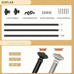 Black Curtain Rod-EUPLAR 1 Inch Long Curtain Rod with Decorative Square Finia…