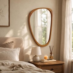 30″x20″ Solid Wood Asymmetrical Mirror, Japandi Boho Organic Shape, Warm Walnut