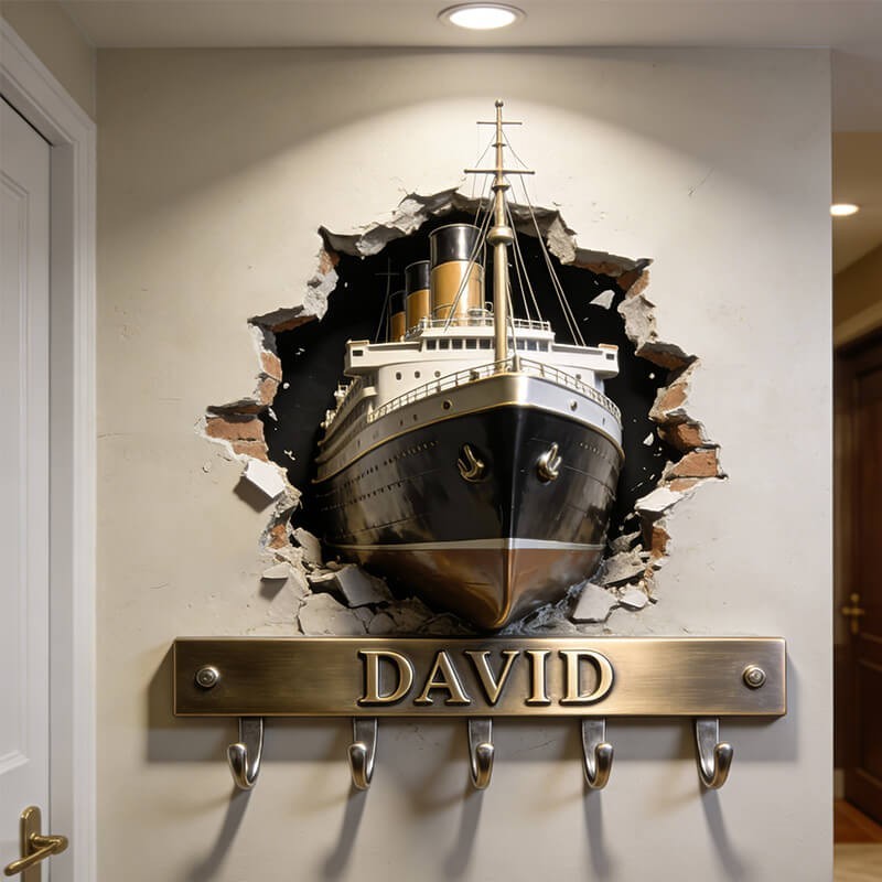 Nautical Ship Key Holder 2D with 3D Effect, Custom Name Hook Rack