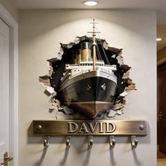 Nautical Ship Key Holder 2D with 3D Effect, Custom Name Hook Rack