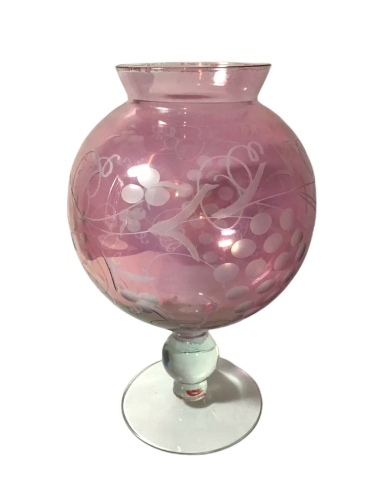 Round Light Pink Cranberry Glass Pedestal Rose Bowl Vase Cut to Clear Grapes