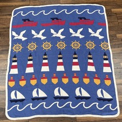 100% Cotton Nautical Lighthouse Seagull Sailboat Reversible Blanket Vintage