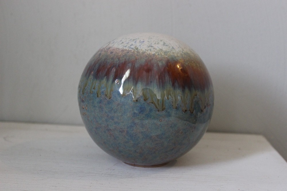 Decorative Ceramic Orb sphere ball drip glaze blue white rusty brown multi-layer