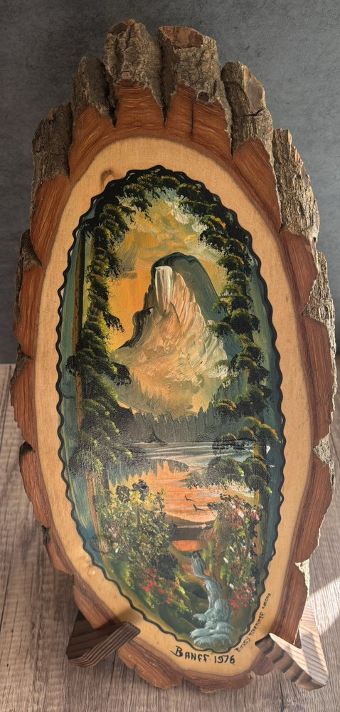 Hand Painted Rustic Wood Plaque Banff 1976 Mountain Landscape 20in Large