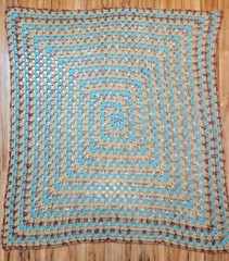 46″ X 43″ Crochet Blue Tan Purple Throw Blanket VTG Handmade Couch Afghan Retro