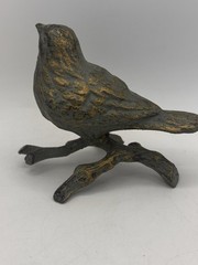 Bird on Branch Figurine Verdigris Antique Turquoise Cast Iron Paperweight Decor