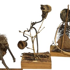 VTG Handmade Folk Art Twig Sculptures Set Wood Base Rustic Nature Figures 3pc