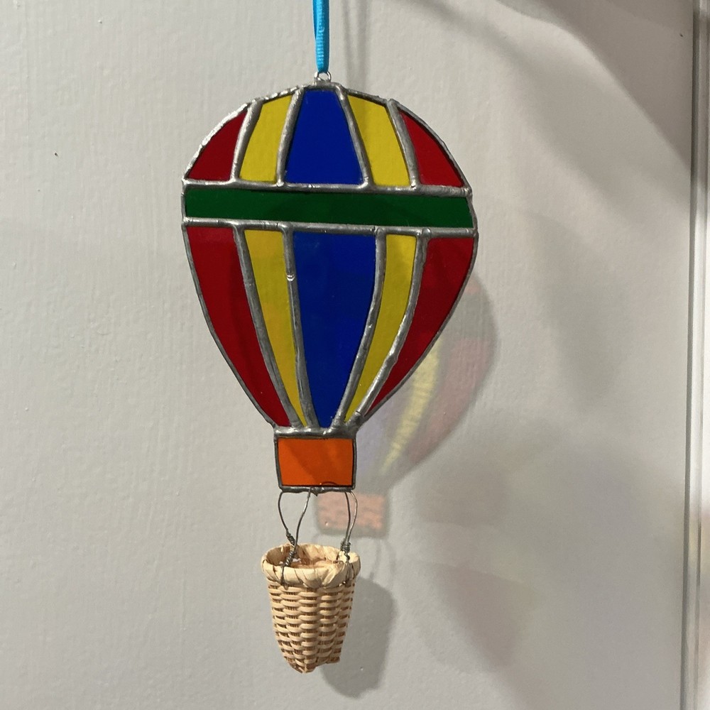 Vintage Multicolor Stained Glass Sun Catcher Hot Air Balloon With Wood Basket