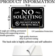 2 Pack No Soliciting Sign for Front Door,9 X 6 Inches Self-Adhesive No Solicitin