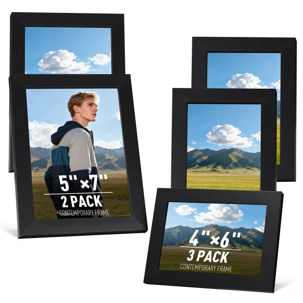 MAXECHO Picture Frame Set of 5, Two 5″x7″, Three 4″x6″, Black Gallery Photo F…
