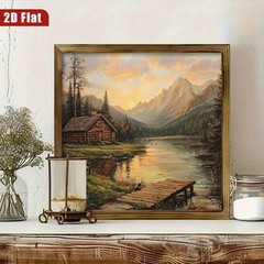 Classic Wilderness Lake Cabin Mountain Sunset Rustic Living Room Wall Art Plaque