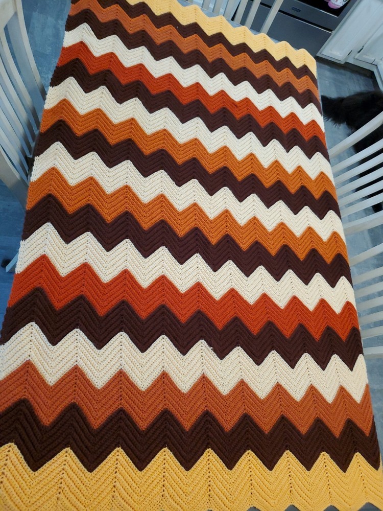 VTG 70s Boho Crocheted Chevron Zig Zag Afghan 74×44″ Orange Brown Grandmacore