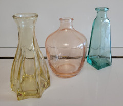 3 DECORATIVE GLASS BOTTLES YELLOW ASYMMETRICAL ORANGE ROUND GREEN SQUARE