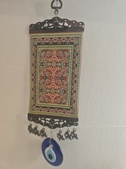 Handmade Turkish Carpet Wall Hanging – Evil Eye – Nazar Alloy 10.5″ L X 4″ W