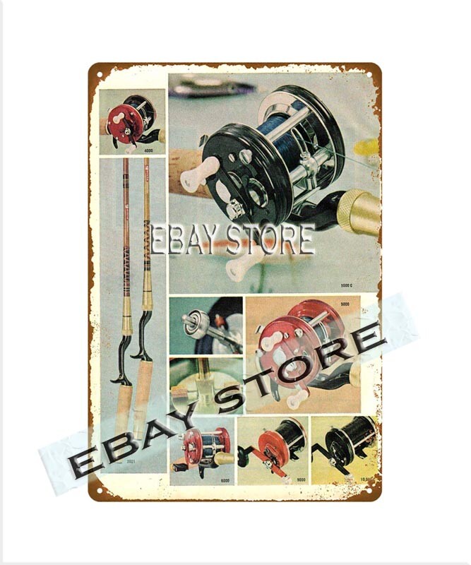Garcia Ambassadeur fishing reels tackle rods retro tin sign western artwork