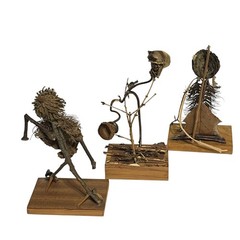 VTG Handmade Folk Art Twig Sculptures Set Wood Base Rustic Nature Figures 3pc