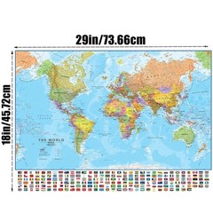 36x24in Decorative World Map with Flags Detailed Poster Painting Wall Art Travel