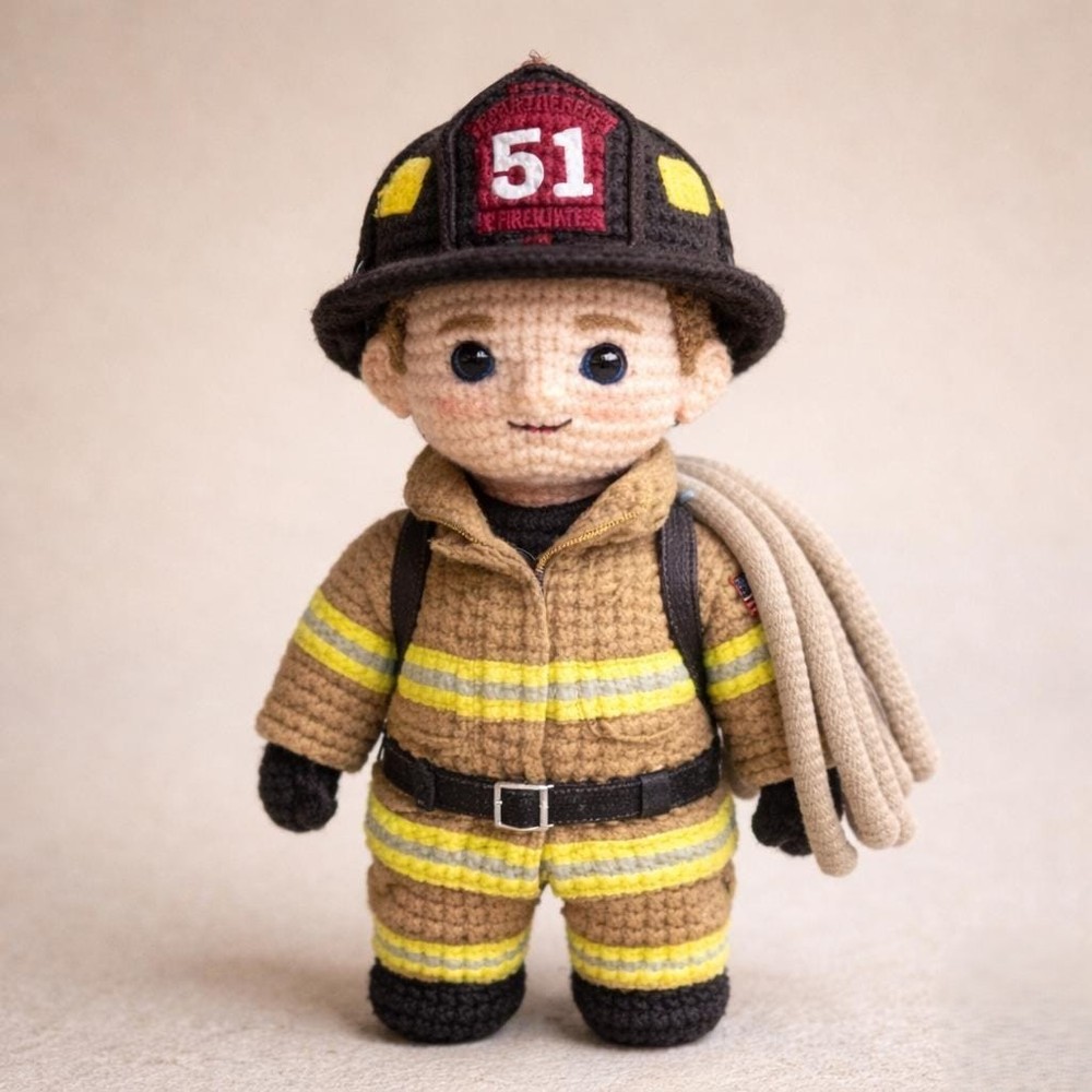 Custom Firefighter Crochet Doll From Photo Handmade Amigurumi Portrait Gift