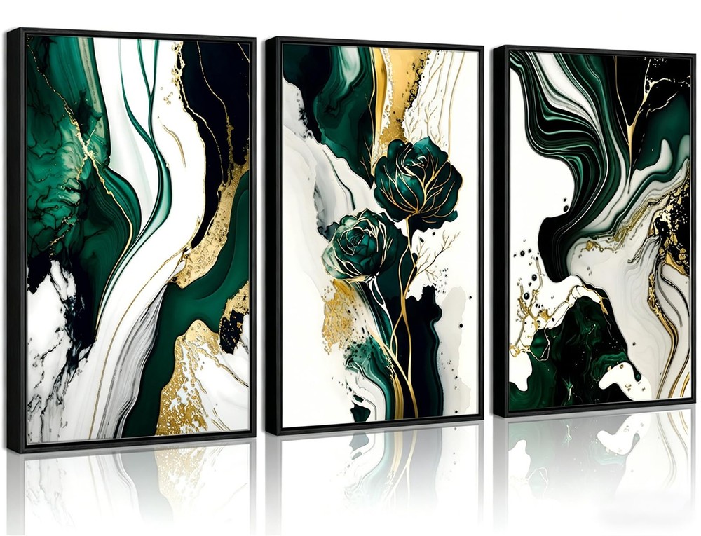 Floating Framed-3D Texture Abstract Green Gold Wall Art Set of 3,UV Printing …