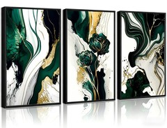 Floating Framed-3D Texture Abstract Green Gold Wall Art Set of 3,UV Printing …