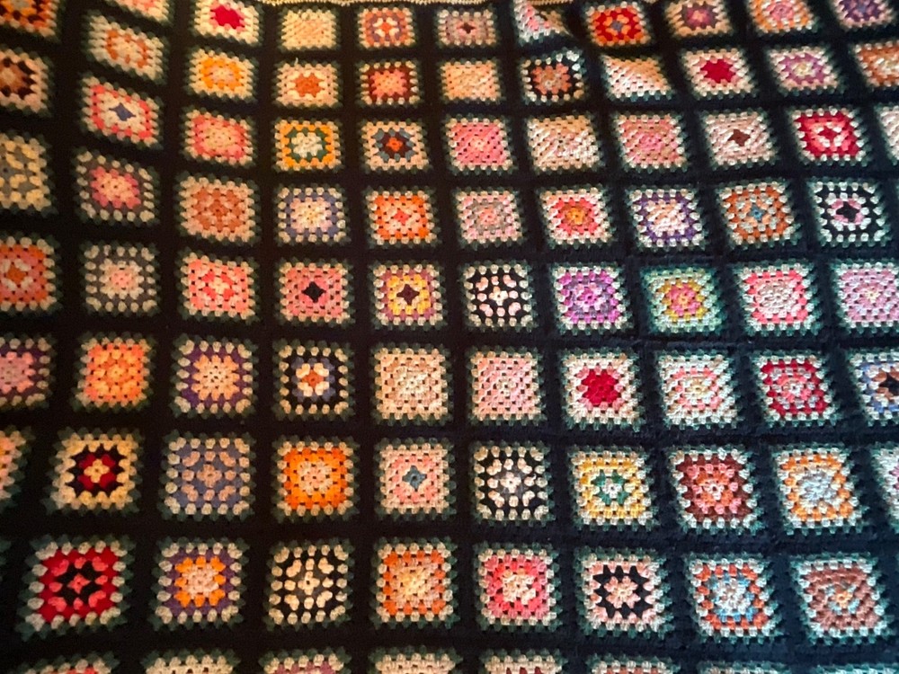 Vintage Afghan Throw Crochet Granny Squares Handmade Multi Colors 65” by 85”