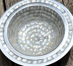 Abalone Shell in Stainless Steel 10 1/2″ Serving Bowl Fruit Nuts Vtg Pier 1