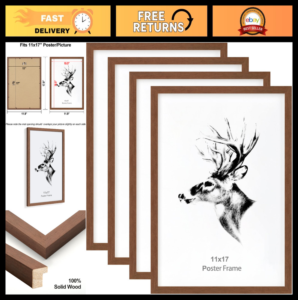 11×17 Solid Wood Picture Frames Set of 4, Walnut Brown, Wall Gallery Display, Ho