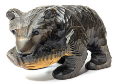 Small Vintage Japanese Hokkaido Ainu Bear with Salmon Handcarved Wood (H) 8cm