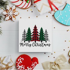 Merry Christmas Plaid Trees Wooden Box Sign Plaque 5x5in White Hollow Back Decor