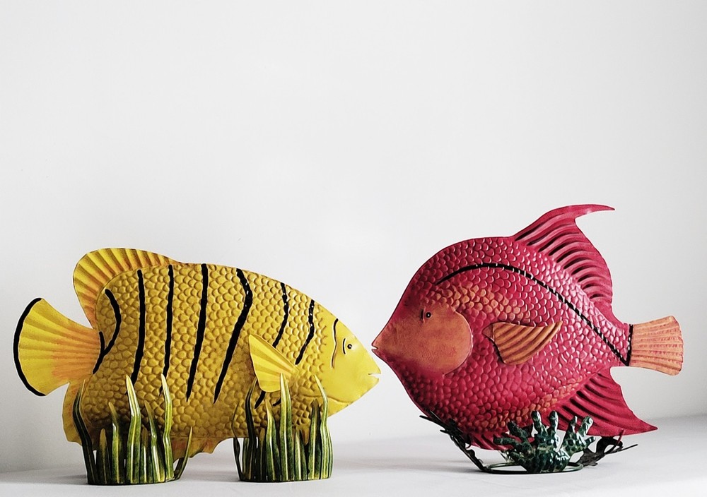 2 Metal Fish Sculptures Seagrass Base 15″ Yellow Tiger Stripe 14″ Red Angelfish