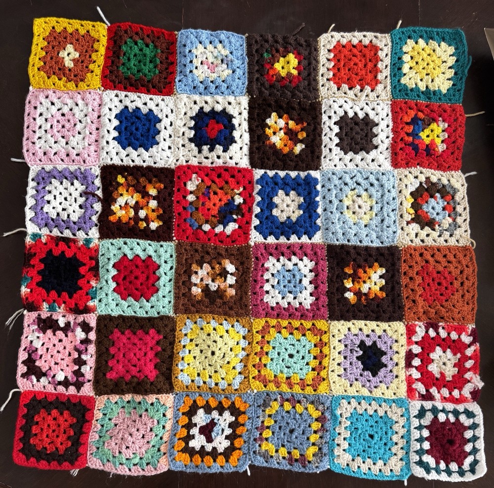 VTG Handmade Crochet Granny Square Afghan Blanket Throw Multi-Color Boho 32 X 32
