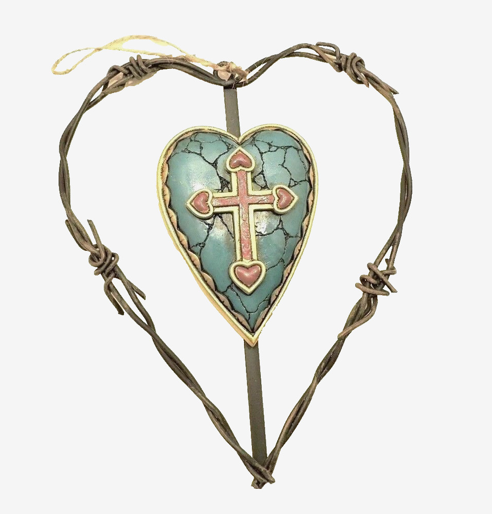 Wire Heart Cross Decor Blue & Red Wall Hanging New 6 1/2×8 1/2 Inches