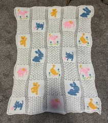 Vintage Crochet Baby Blanket Afghan Throw White Blocks Squares Animals Handmade