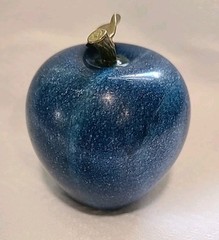 Italian Blue Marble Apple Solid w/Brass Leaf 1960s Paperweight 4″ Shelf Decor