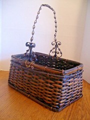 VINTAGE BAMBOO OBLONG BASKET w/METAL SCROLL HANDLE ~ 12 1/2 L x 8 W x 6 H ~ VGUC