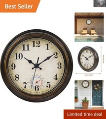8-Inch Vintage Rustic Waterproof Outdoor Clock with Thermometer – Bronze Charm