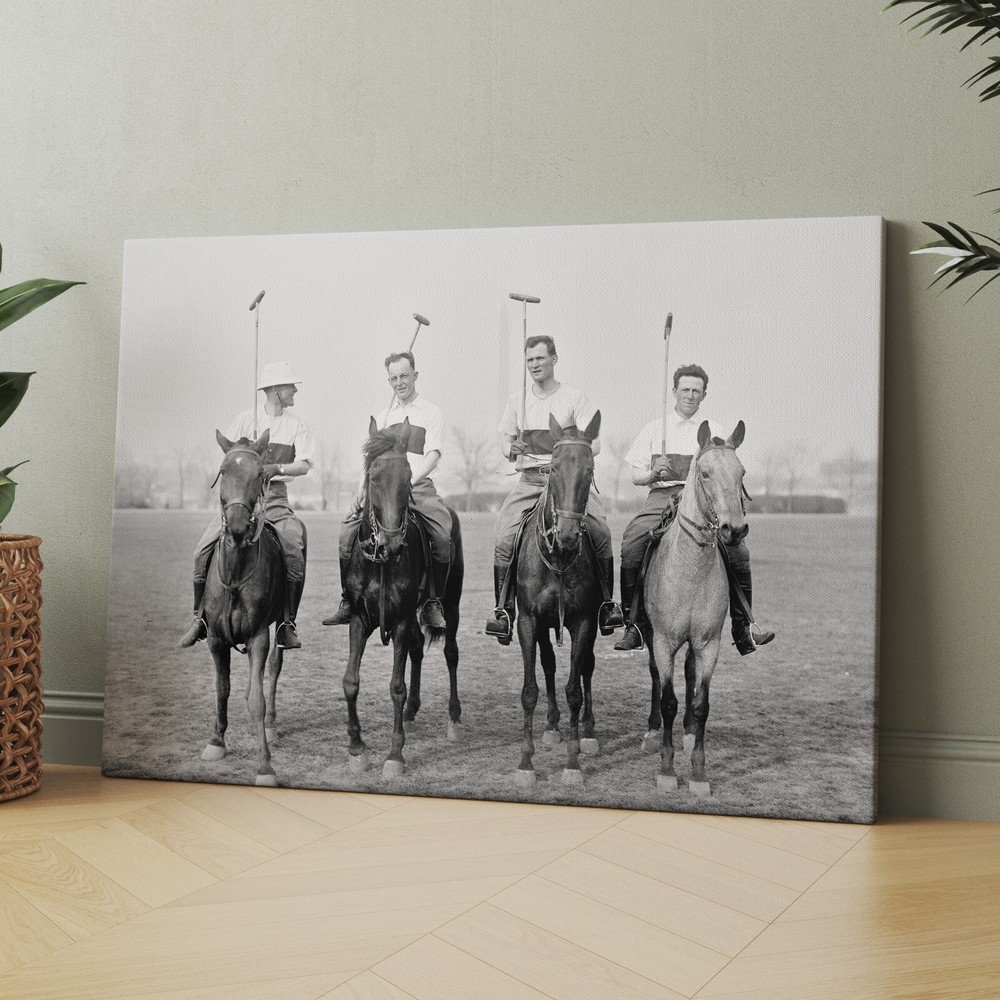 Polo Match Men On Horses 1900s Black & White Sports Canvas Wall Art Print