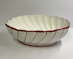 Vtg Oval Burgundy & White Oval Ribbed Ceramic Bowl or Planter Signed Luiz? 12.0”