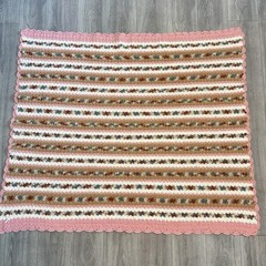Vtg Hand Crochet Blanket Afghan Throw Pink Gray Brown Multicolor 59”x49”Signed