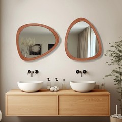 Asymmetrical Irregular Wood Wall Mirror Light Brown Mid Century Boho Farm 20×23″