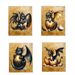 Set of 4 8×10 Black and Gold Dragons Wall Art Canvas Prints