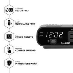SHARP LED Digital Alarm Clock, 2 AMP fast Charge USB Ports & 2 AC Power Outlets