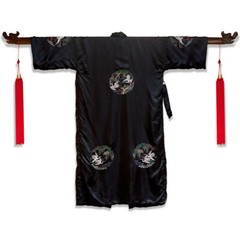 US Seller – Black Chinese Silk Robe with Crane Motif