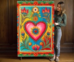 Sacred Heart Mexican Folk Art Canvas Print, Colorful Milagro Style Floral Decor