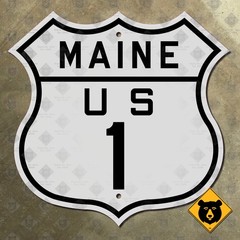 Maine US Route 1 highway road sign Atlantic Coast Portland Fort Kent 1926 16×16
