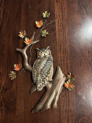 Large Bovano of Cheshire Metal Owl on Tree Branch w/ Leaves Wall Sculpture